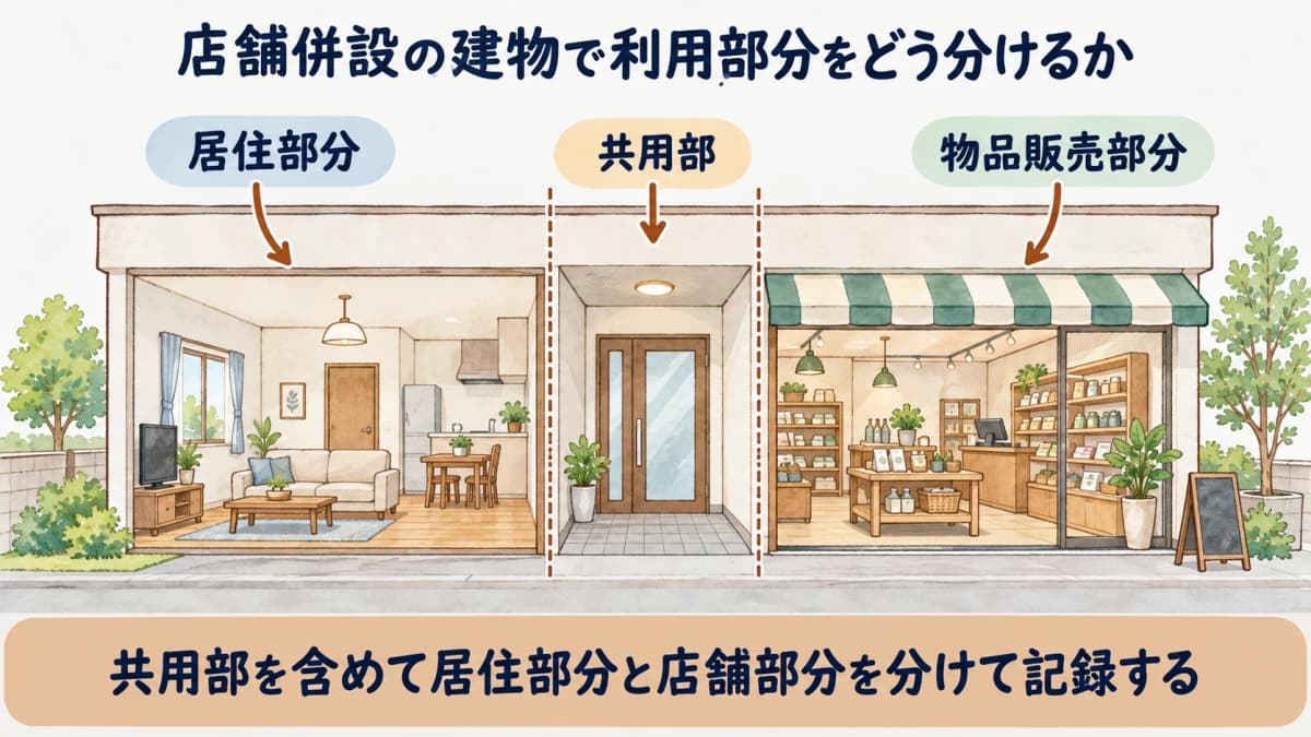 店舗を併設する建物で居住部分と物品販売部分を分ける確認図