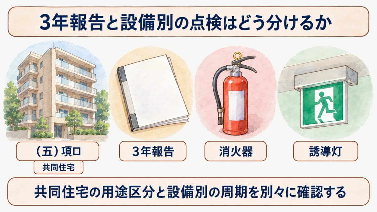 3年報告と消火器・誘導灯の設備別点検を別に読む確認図