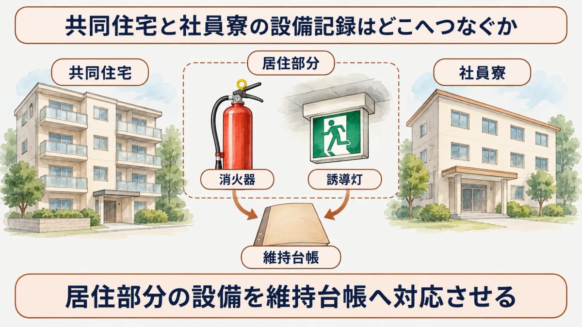 共同住宅・社員寮の消防設備点検で設備と記録を対応させる図