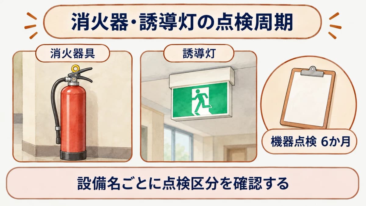 消火器・誘導灯の点検周期の根拠と確認区分を示す早見図