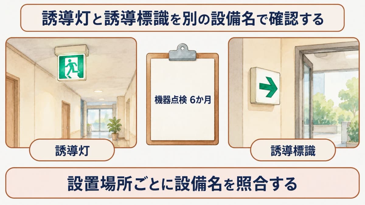 機器点検6か月の対象となる誘導灯と誘導標識を別の設備名で示す図