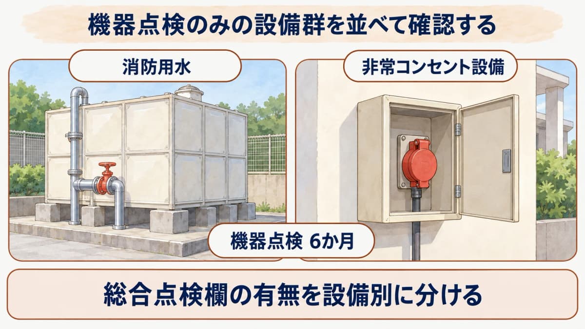消防用水と非常コンセント設備の機器点検6か月を並べて示す図