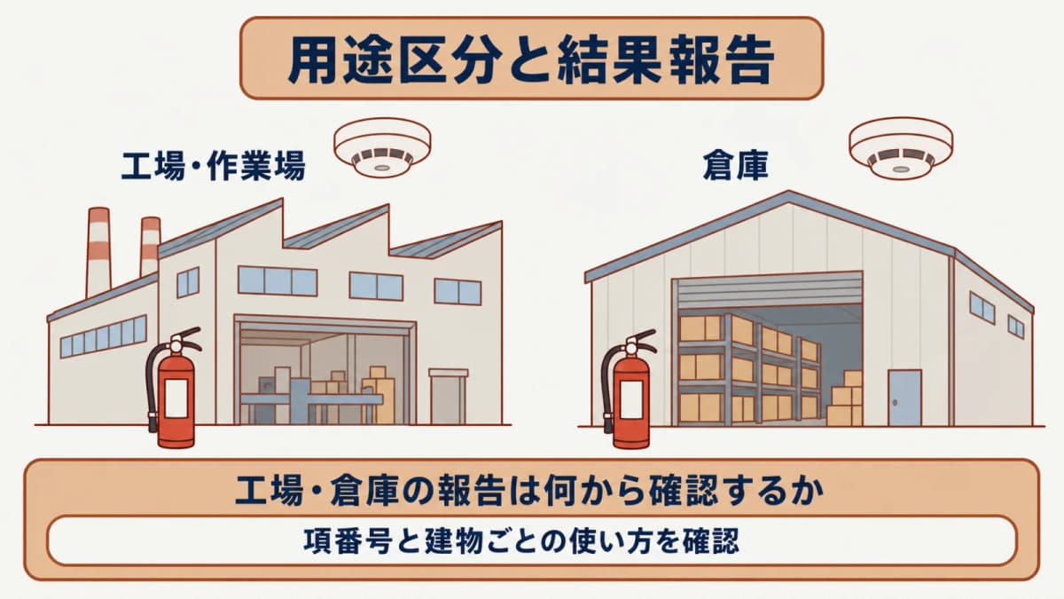 工場・作業場の十二項イと倉庫の十四項を3年報告に結び付けた用途区分図