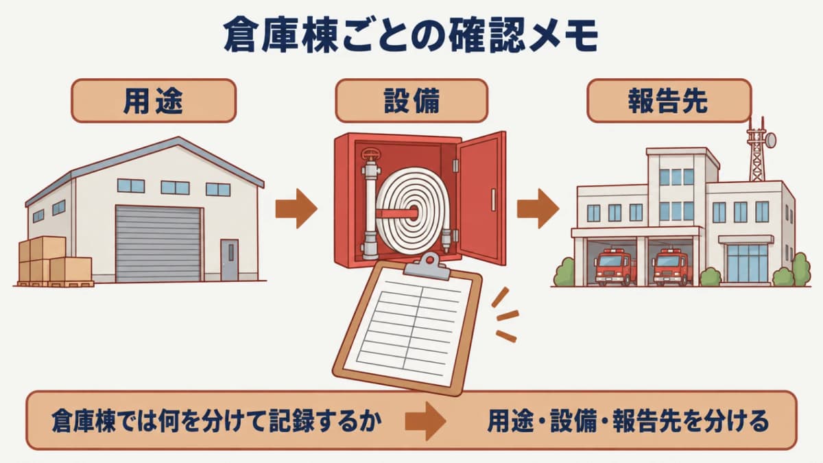 倉庫棟ごとの用途・設備・報告先を分けて記録する確認メモの図