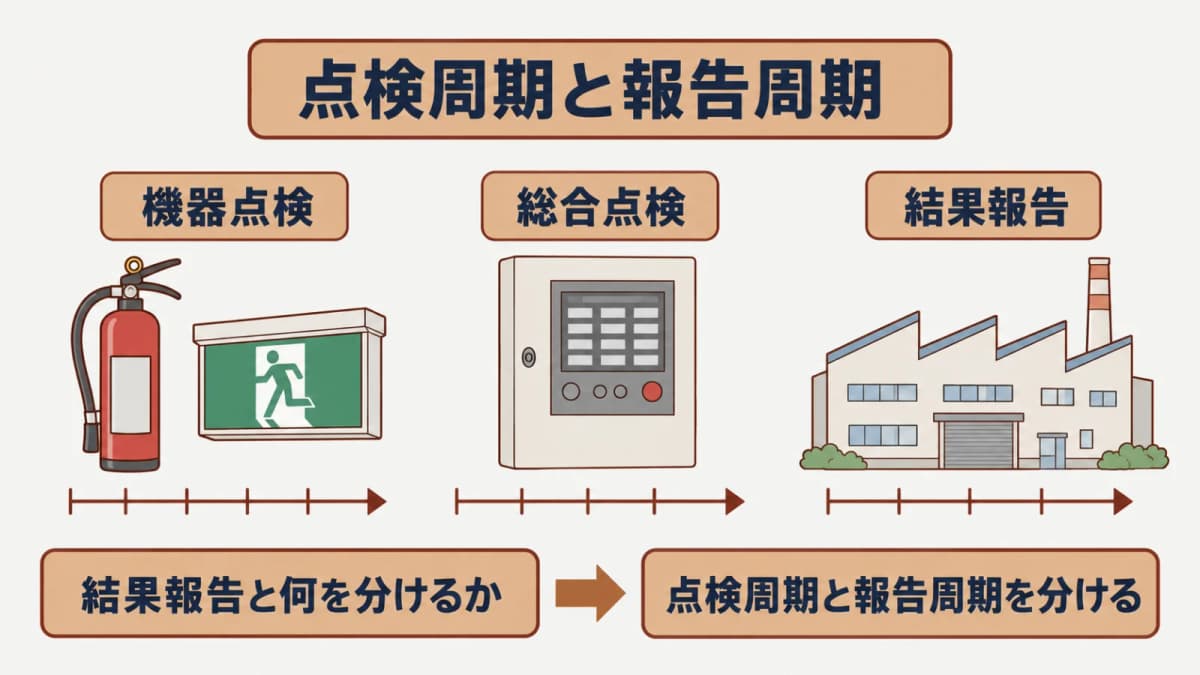 機器点検6月・総合点検1年・結果報告3年を別の線で示した周期整理図