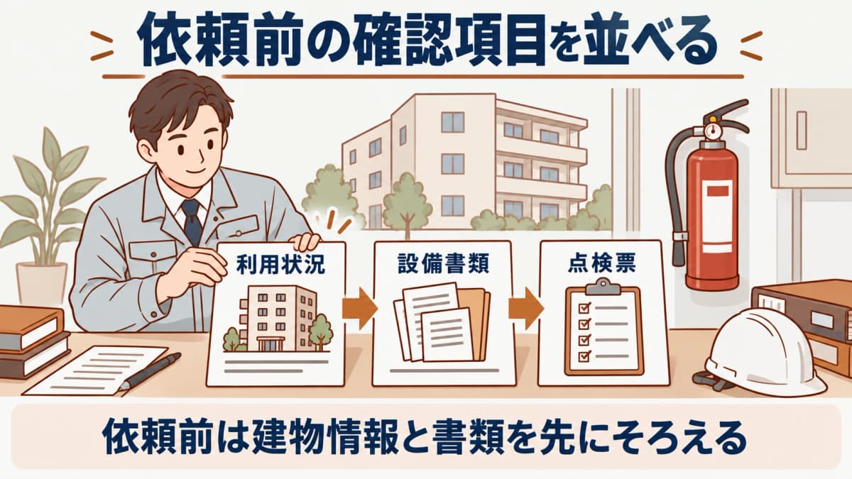 消防設備点検の依頼前確認の早見表と建物情報を整理する図