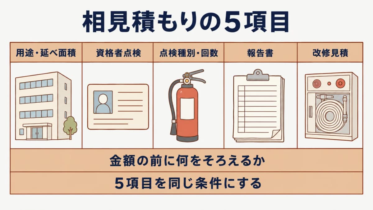 用途・面積から資格・点検・報告・改修までを並べた相見積もり5項目の図