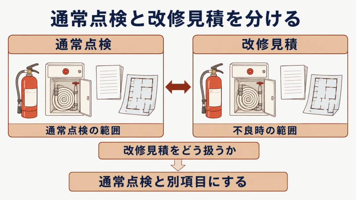 通常点検の範囲と不良時の改修見積を別欄に分けた比較メモの図