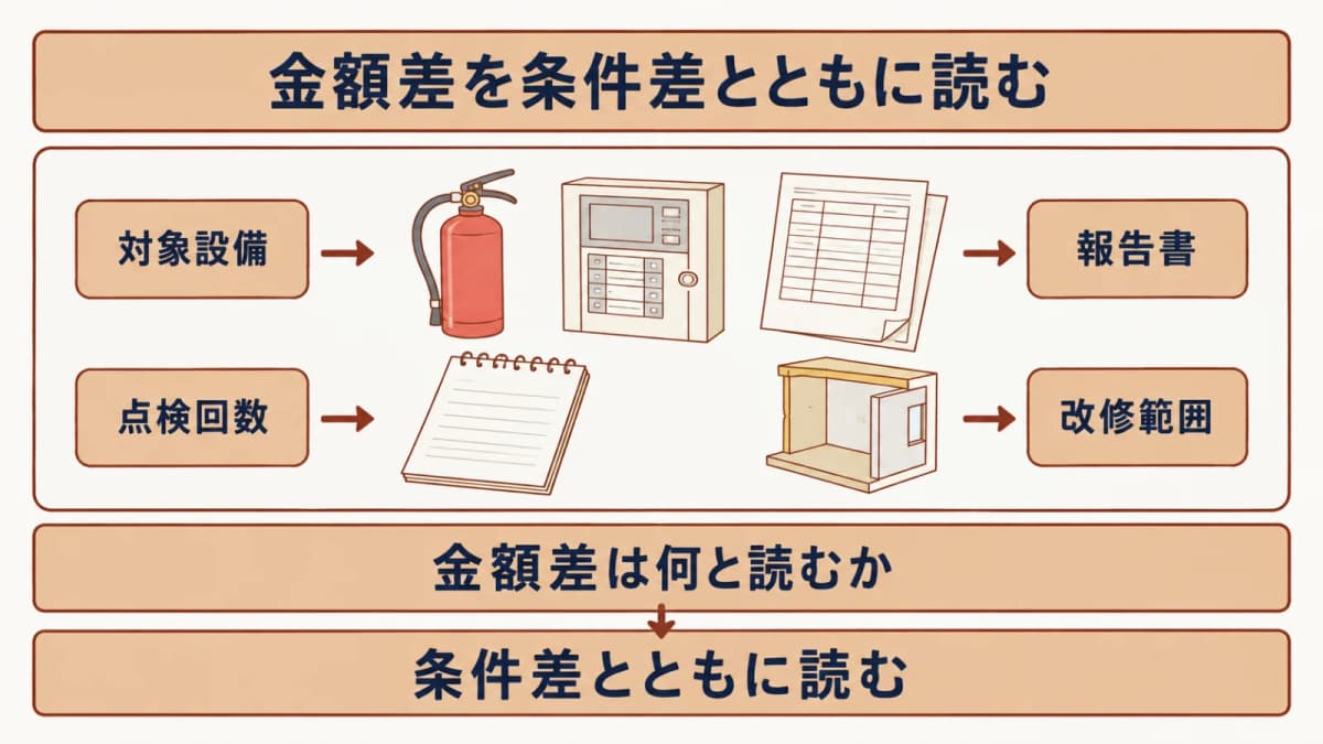 金額差の前に対象設備・点検回数・報告書・改修範囲を照合する比較手順の図