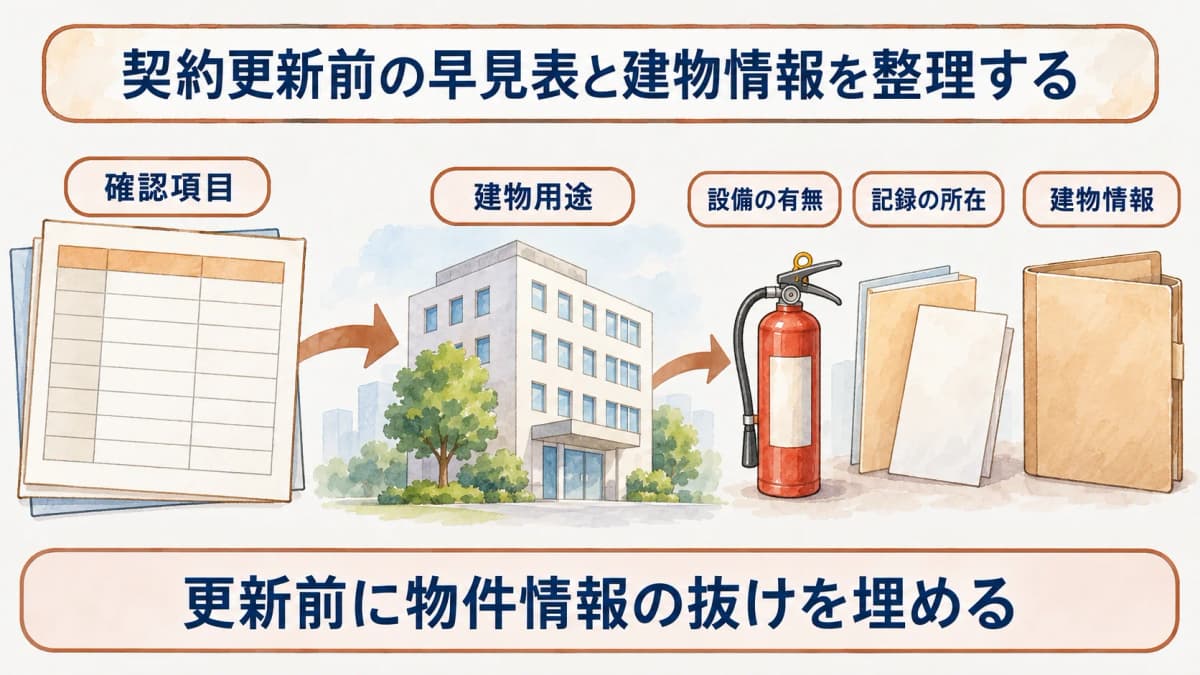 消防設備点検の契約更新前確認の早見表と建物情報を整理する図