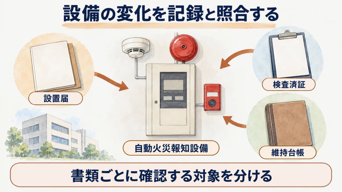設備の変化を記録と照合する図