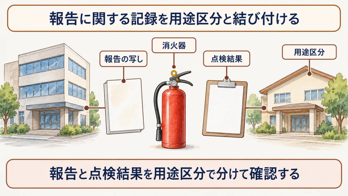 報告に関する記録を用途区分と結び付ける図