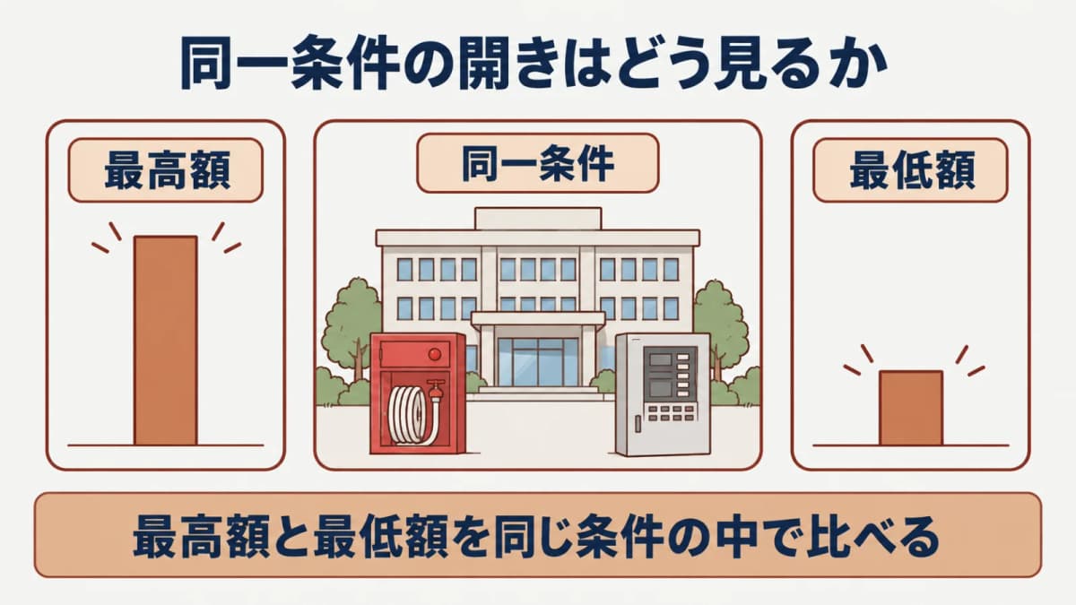 同一ロット内で最高額と最低額の開きを読む比較図