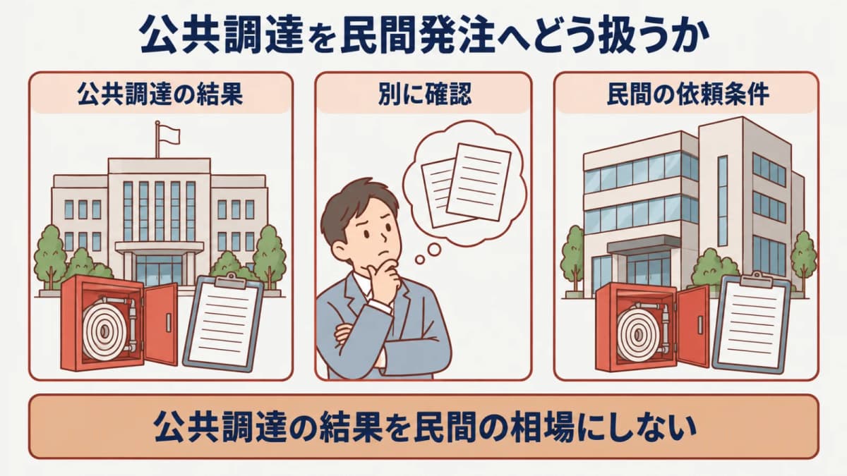 公共調達の採用結果と民間発注の確認条件を分ける図