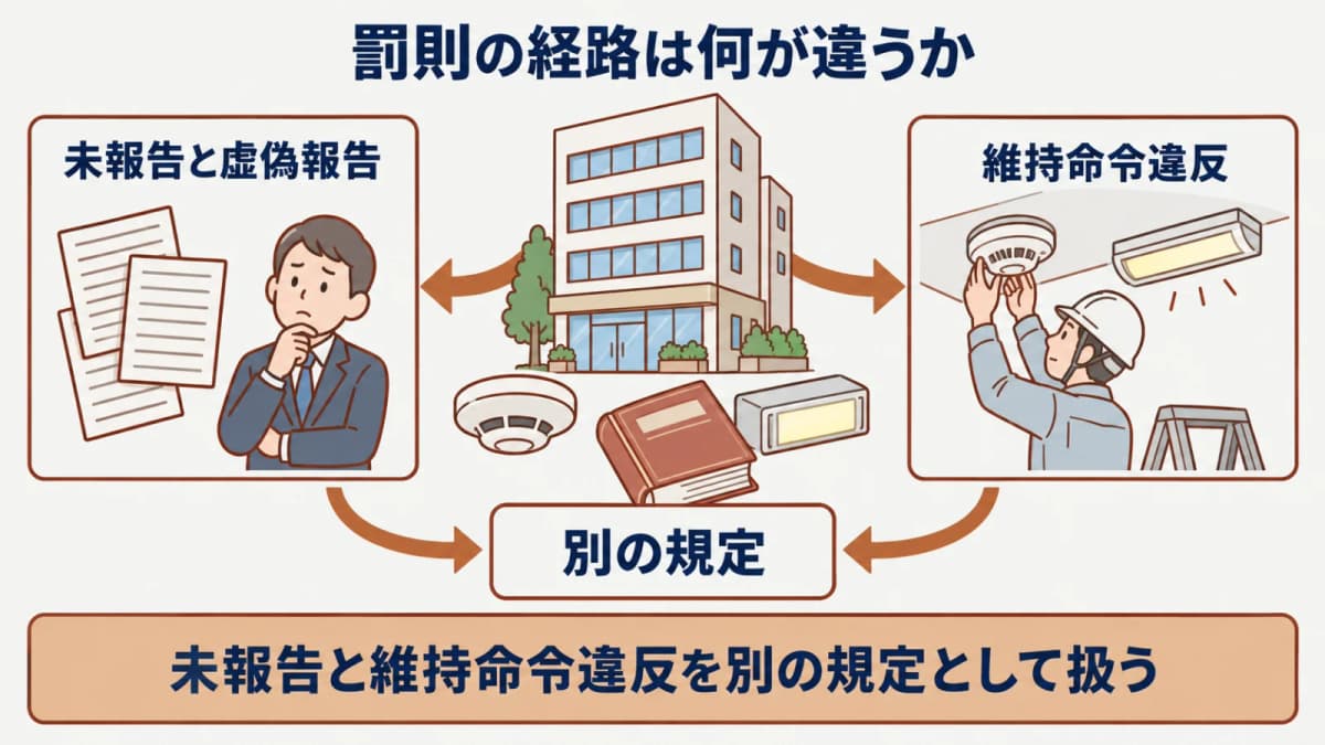 維持命令と未報告 虚偽報告の罰則経路を分ける図