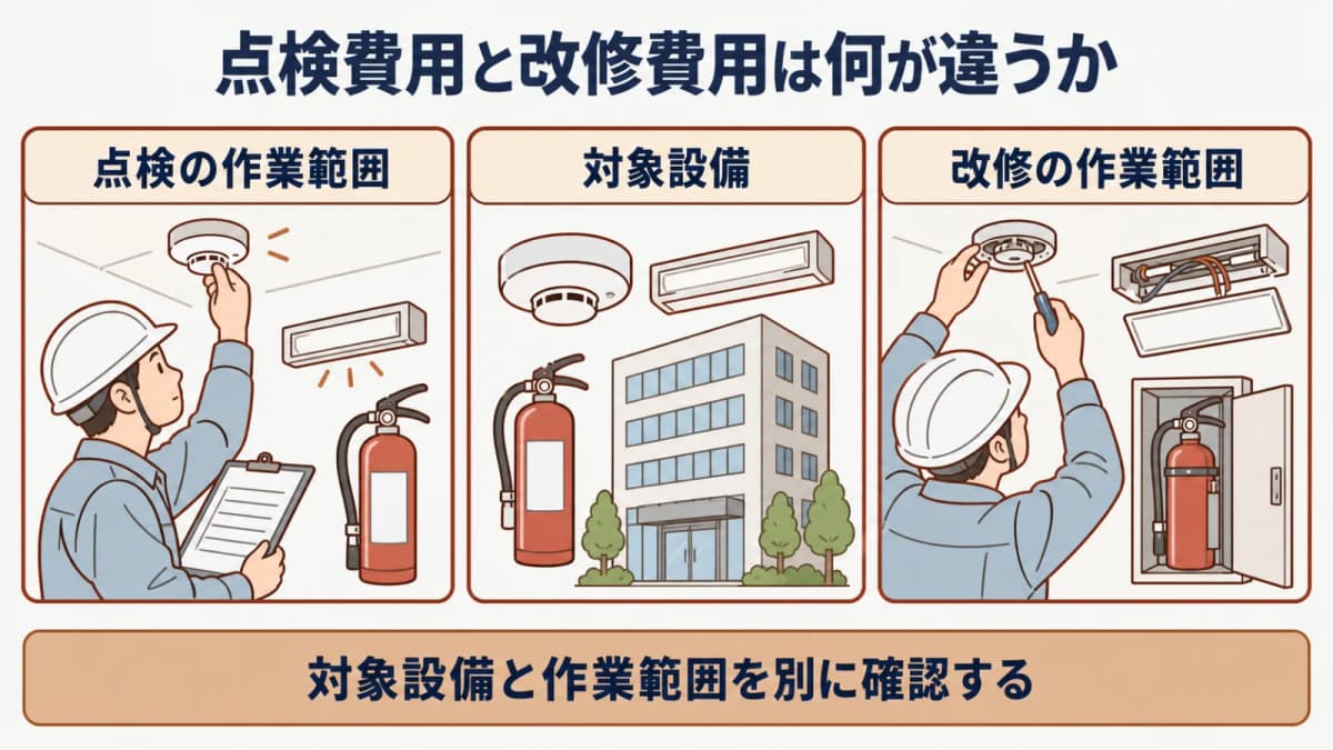 点検見積と改修見積の対象設備と作業範囲を分ける図