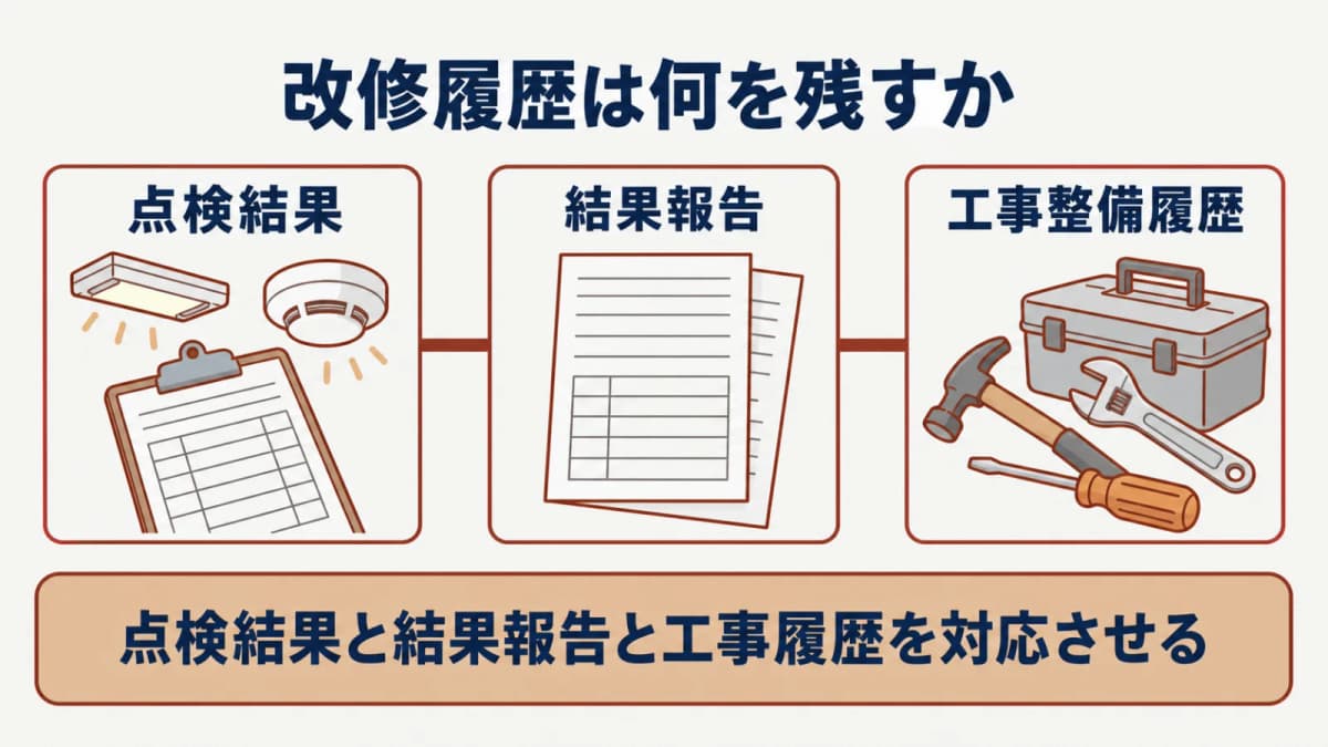 維持台帳に関係する点検結果 報告書 工事整備履歴を整理する図