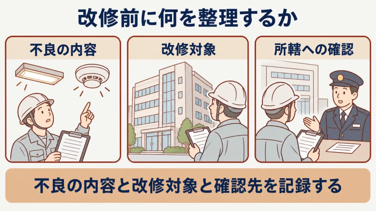 点検結果から改修見積までの記録と確認先を整理する図