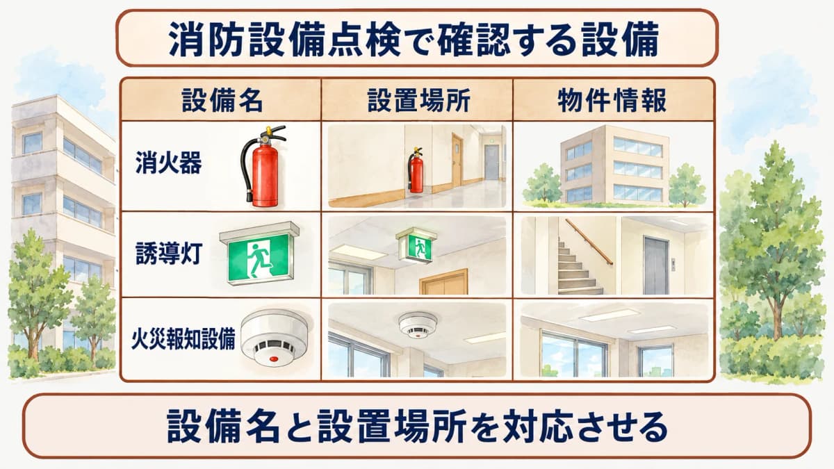 消防設備点検で確認する設備の早見表と建物情報を整理する図