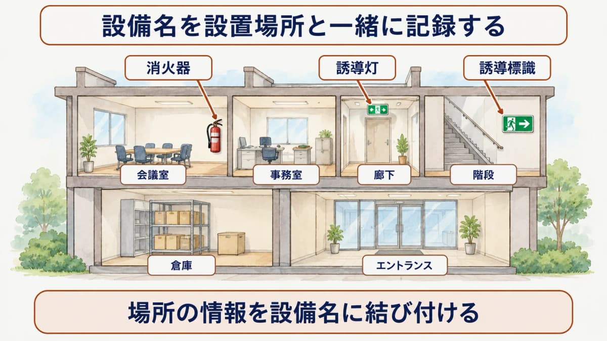 設備名を設置場所と一緒に記録する図