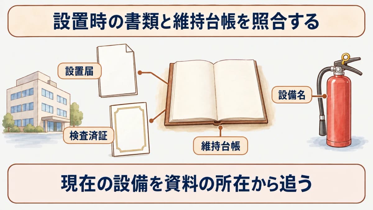 設置時の書類と維持台帳を照合する図