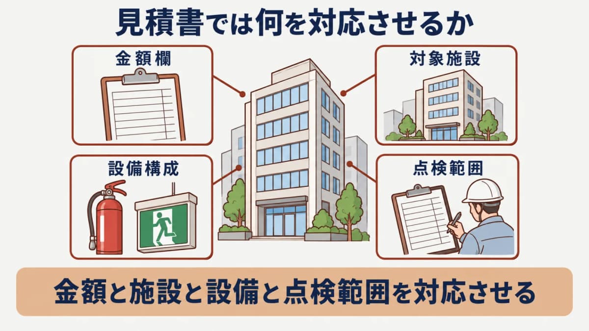 見積書の金額と施設数 設備構成 点検範囲を対応させる図
