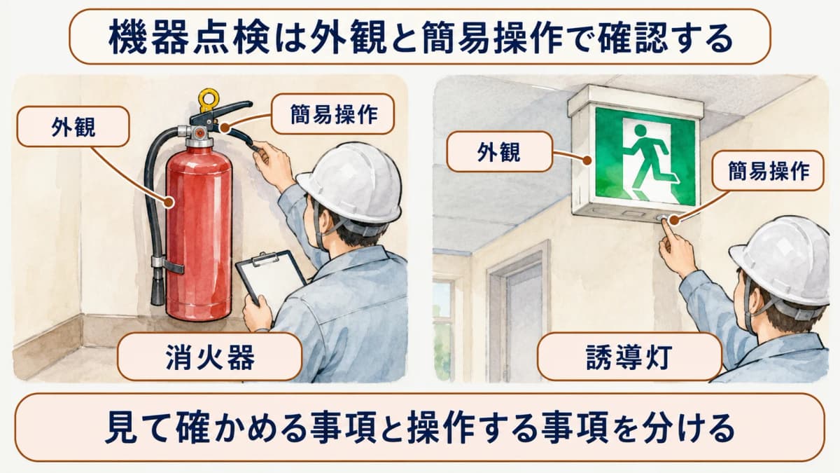 消火器と誘導灯を例に機器点検の外観確認と簡易操作を示す図