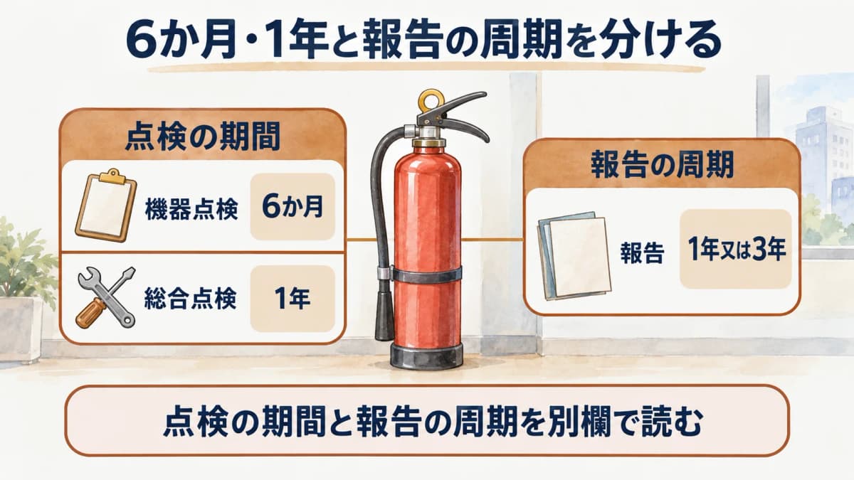 機器点検6か月・総合点検1年の点検期間と1年又は3年の報告周期を示す図