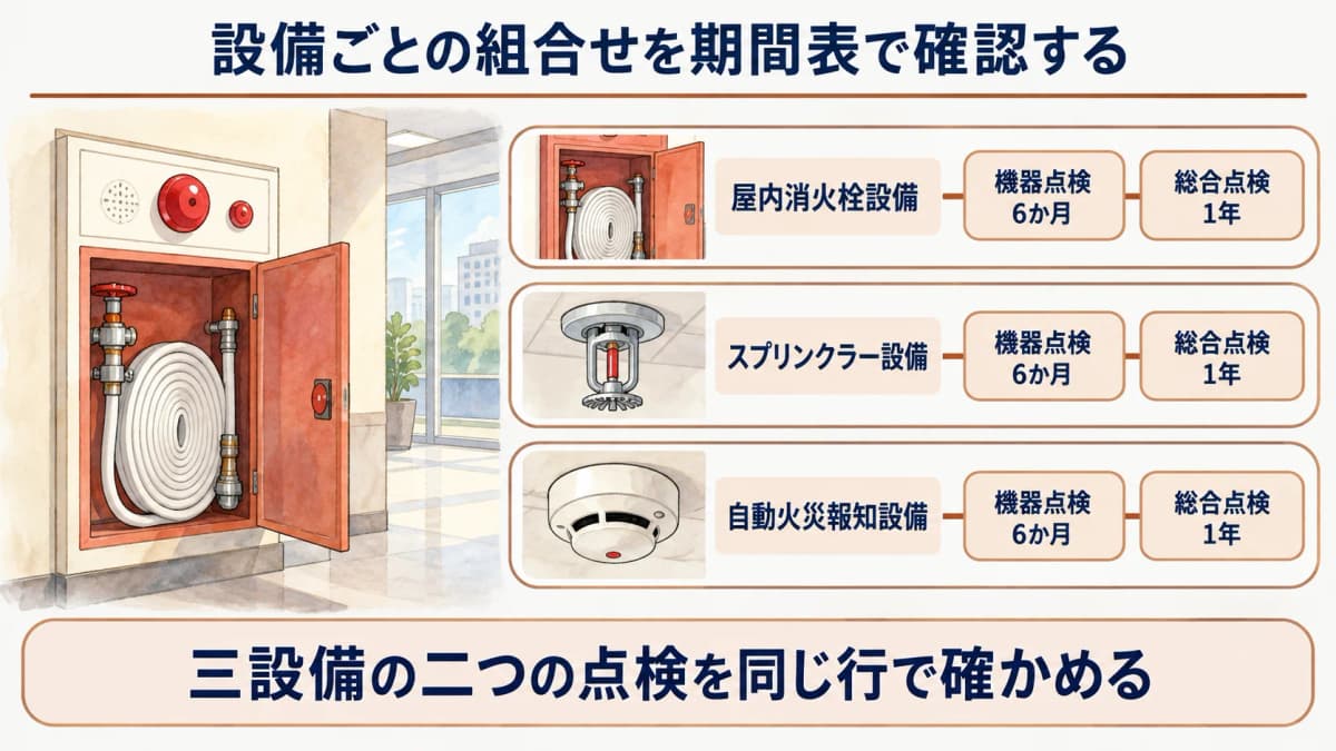屋内消火栓設備・スプリンクラー設備・自動火災報知設備の機器点検6か月と総合点検1年の組合せを示す図