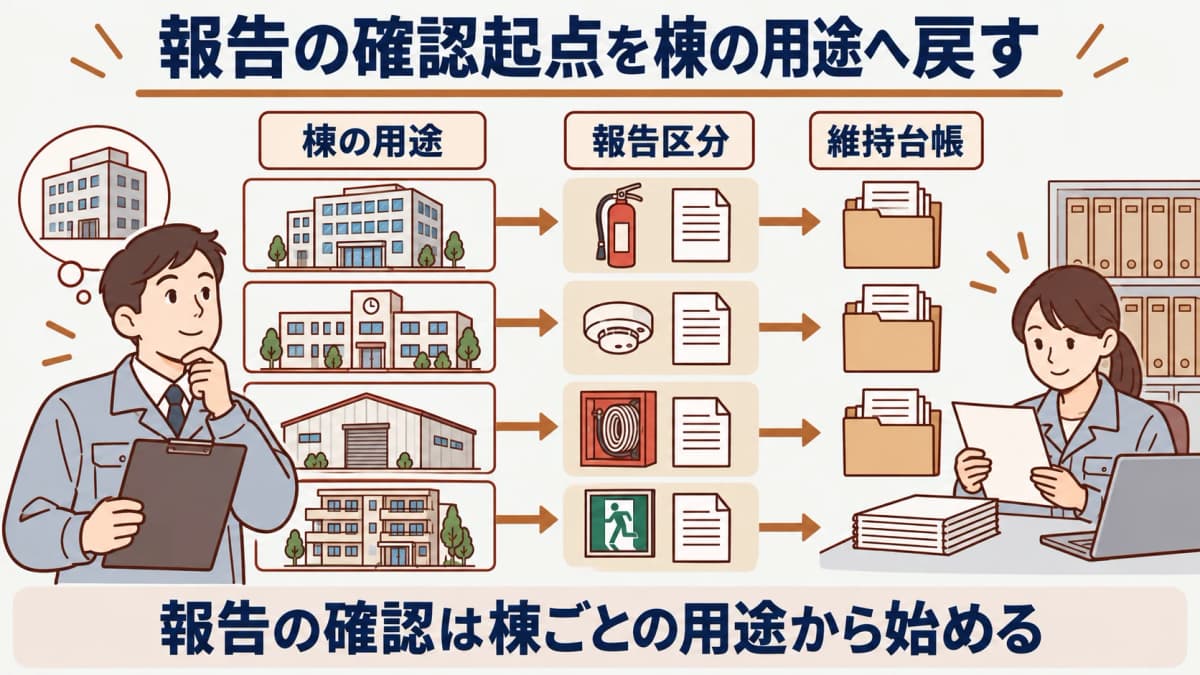 報告の確認起点を棟の用途へ戻す図