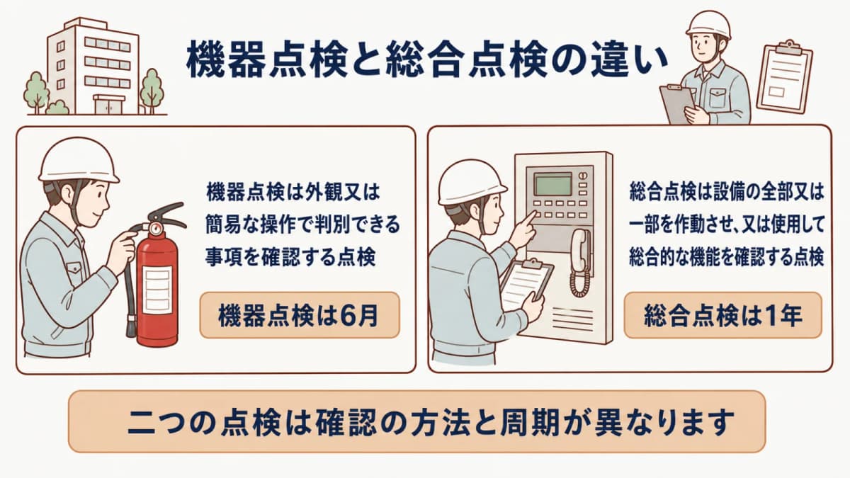 消火器と受信機を使った二種類の点検比較図