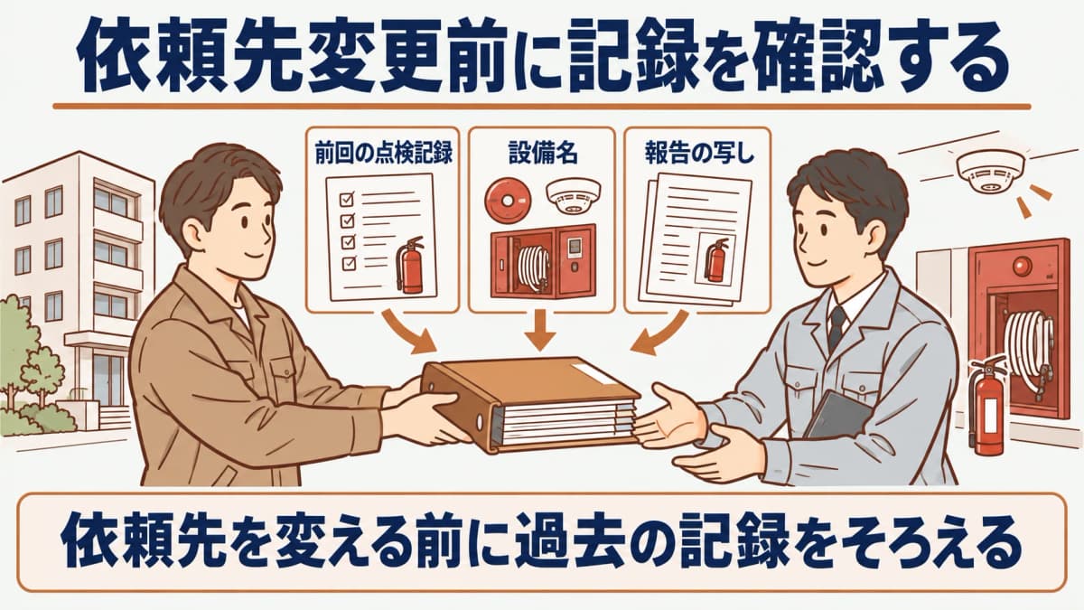消防設備点検の依頼先変更の早見表と建物情報を整理する図