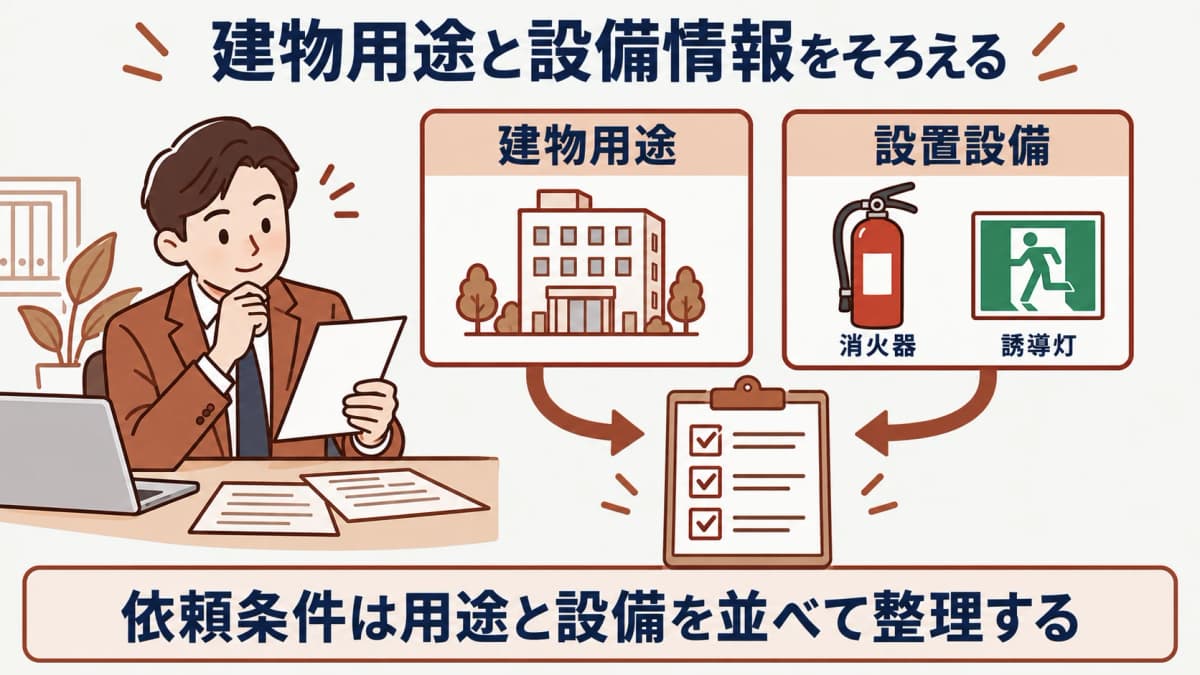 建物用途と消火器・誘導灯の情報を並べ、資格者点検の条件へつなぐ図