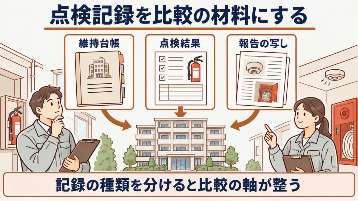 維持台帳と点検結果の写しを設備情報に対応させる図