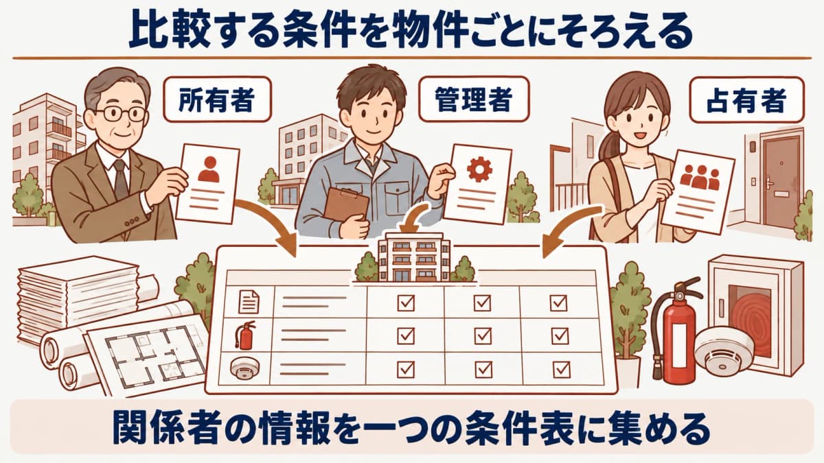 所有者・管理者・占有者の情報を同じ物件条件へ集める図