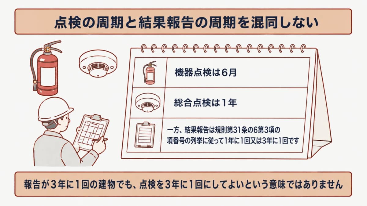 機器点検と総合点検と結果報告の予定を分けた図