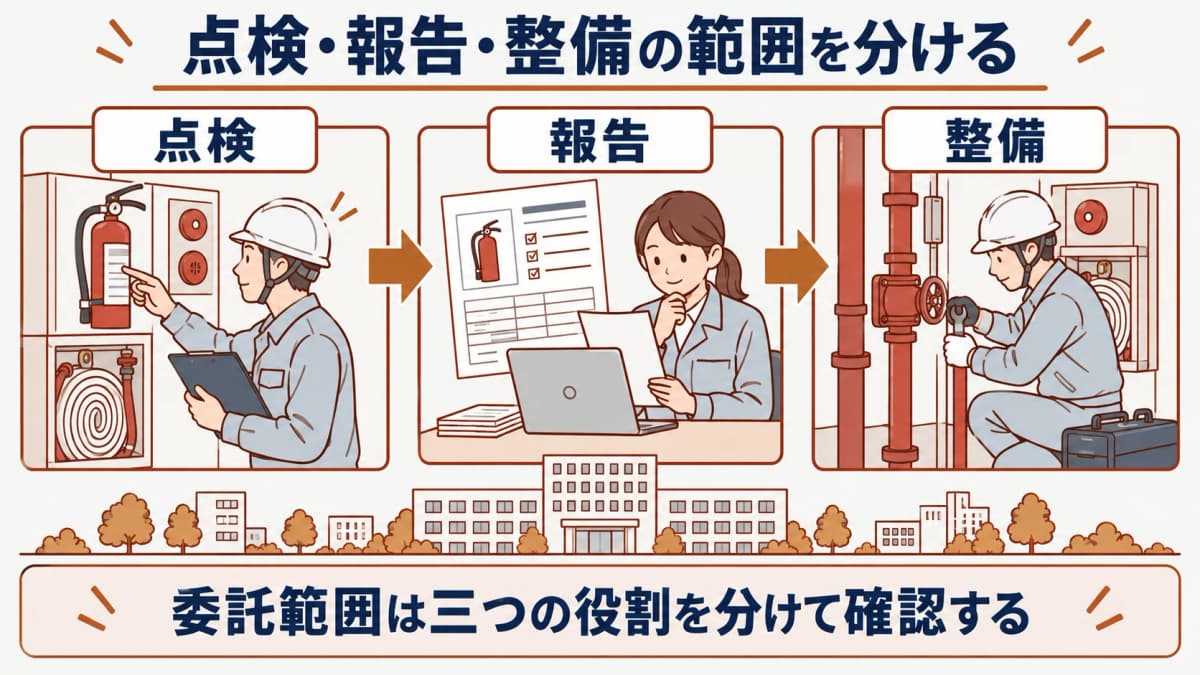 消防設備点検の委託範囲の早見表と建物情報を整理する図