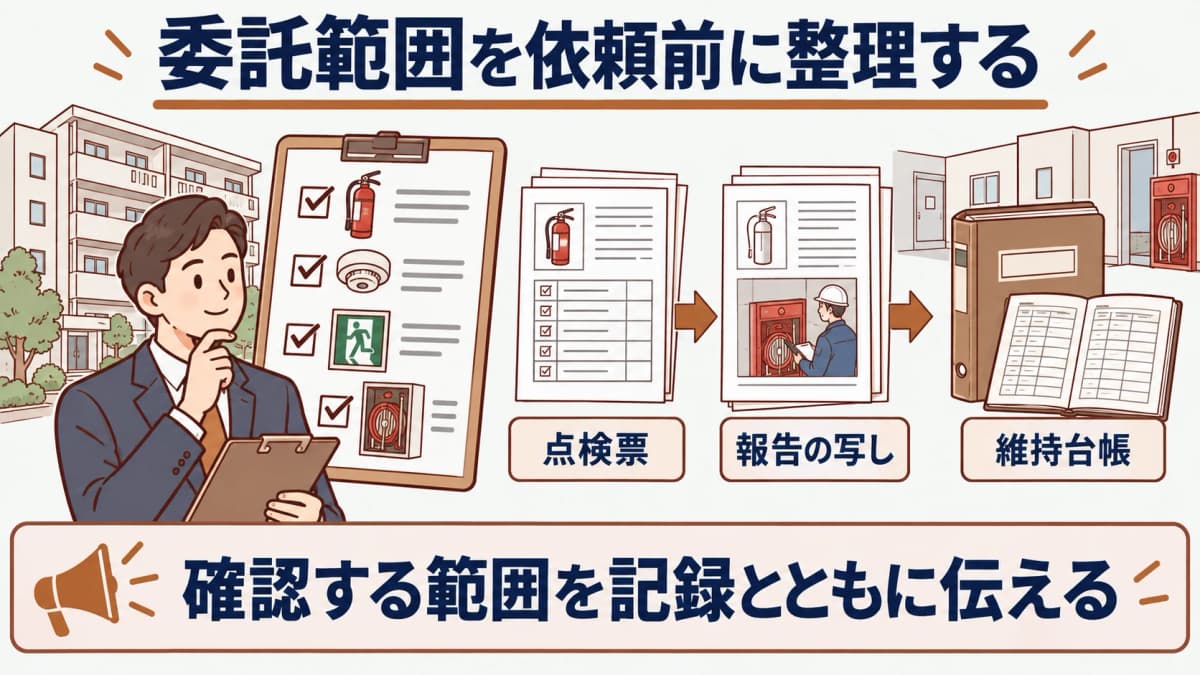 消防設備点検の委託範囲で関係者と記録を対応させる図