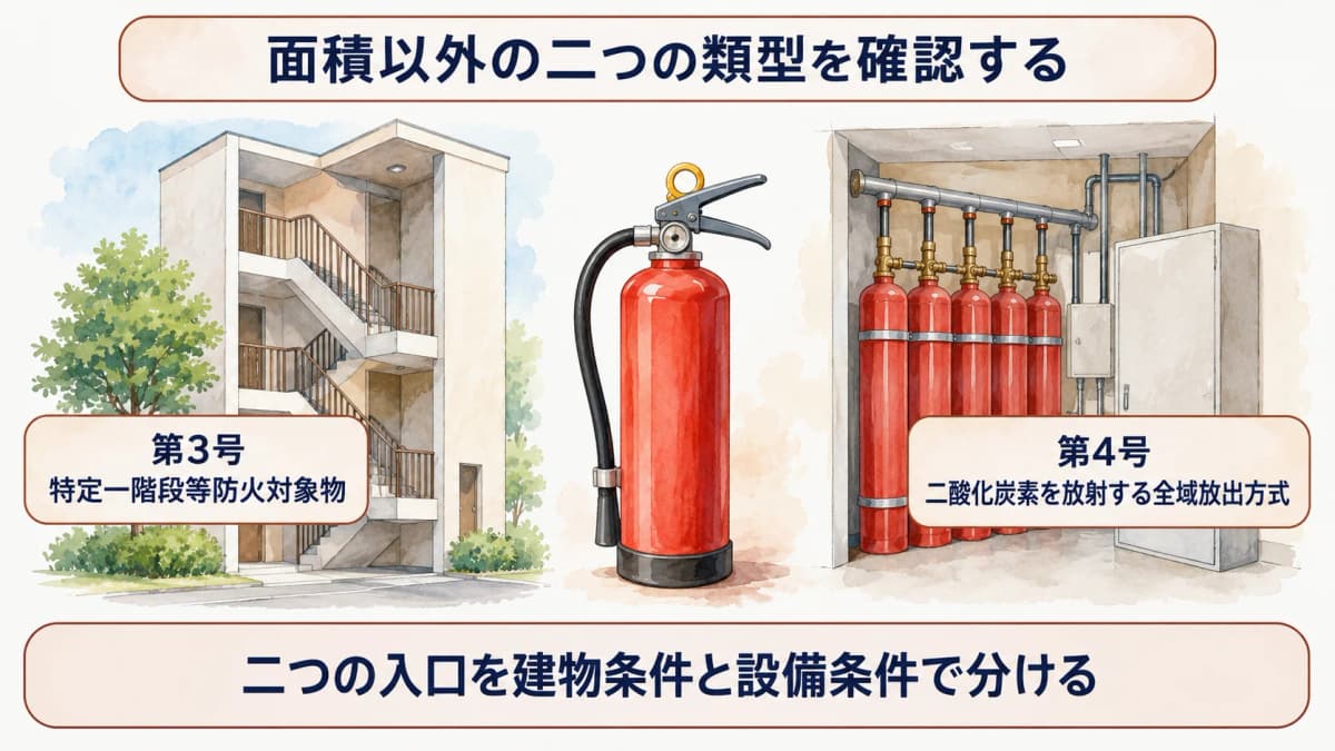 第3号の特定一階段等防火対象物と第4号の二酸化炭素を放射する全域放出方式を示す図
