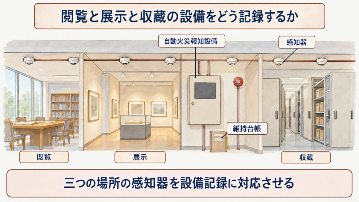 閲覧・展示・収蔵の情報を設備記録へ対応させる図