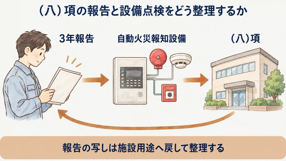 (八)項の3年報告と自動火災報知設備の点検を別に整理する図