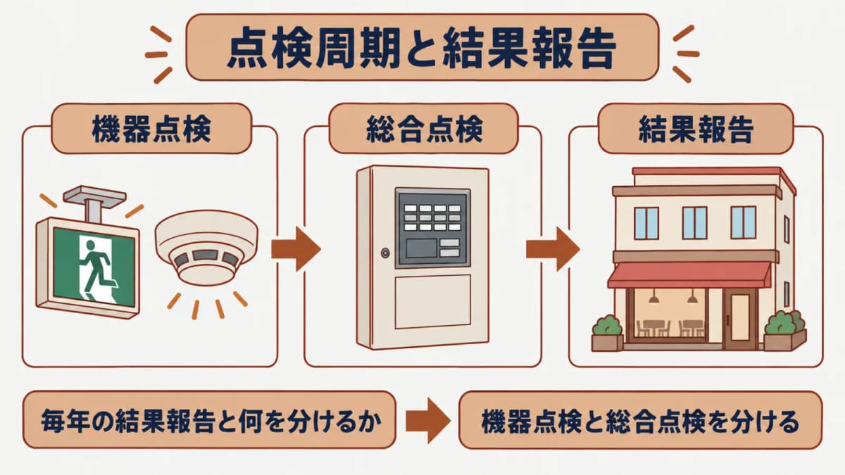 機器点検6月・総合点検1年・飲食店の結果報告1年を別に示す周期図