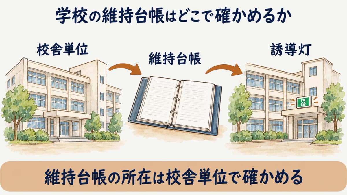 学校の消防設備点検で設備と記録を対応させる図