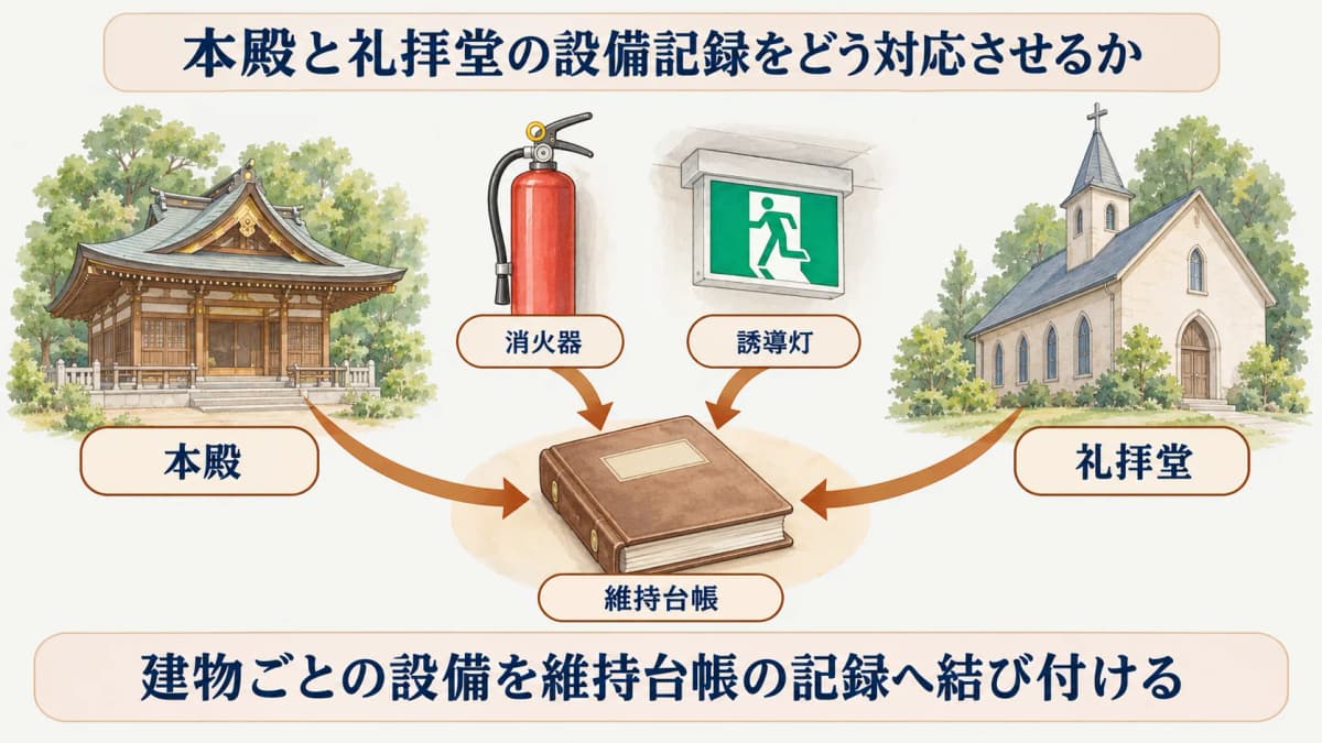 神社・寺院・教会の消防設備点検で設備と記録を対応させる図