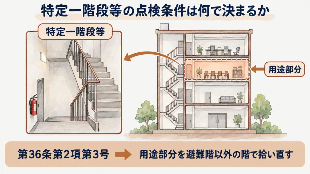 特定一階段等防火対象物の点検条件の根拠と確認区分を示す早見図