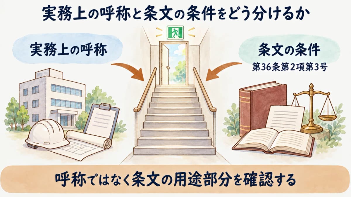 実務上の呼称と第36条第2項第3号の条文の条件を分けて示す図